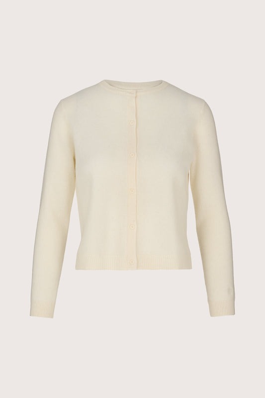 Cream cashmere cardigan with round neck and long sleeves