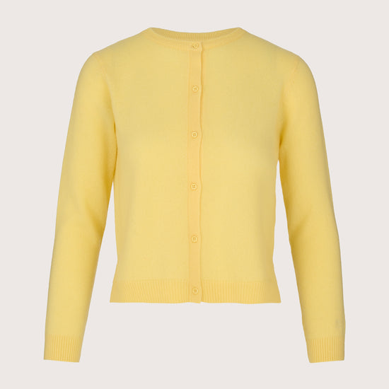 Yellow cashmere cardigan with round neck and long sleeves