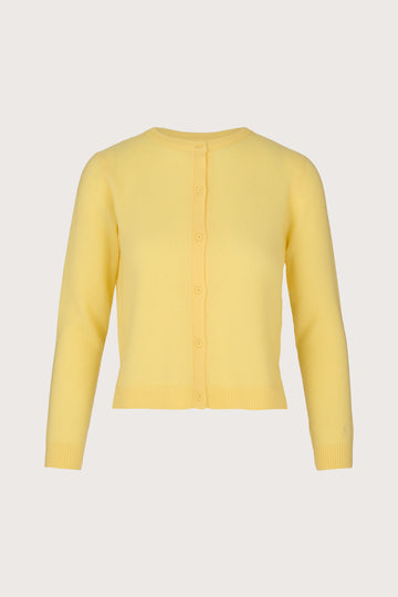 Yellow cashmere cardigan with round neck and long sleeves