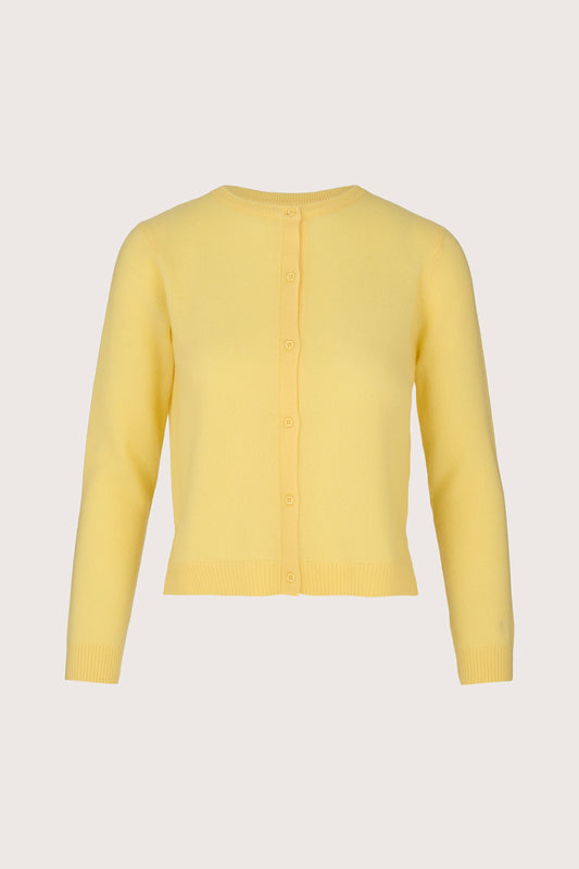 Yellow cashmere cardigan with round neck and long sleeves