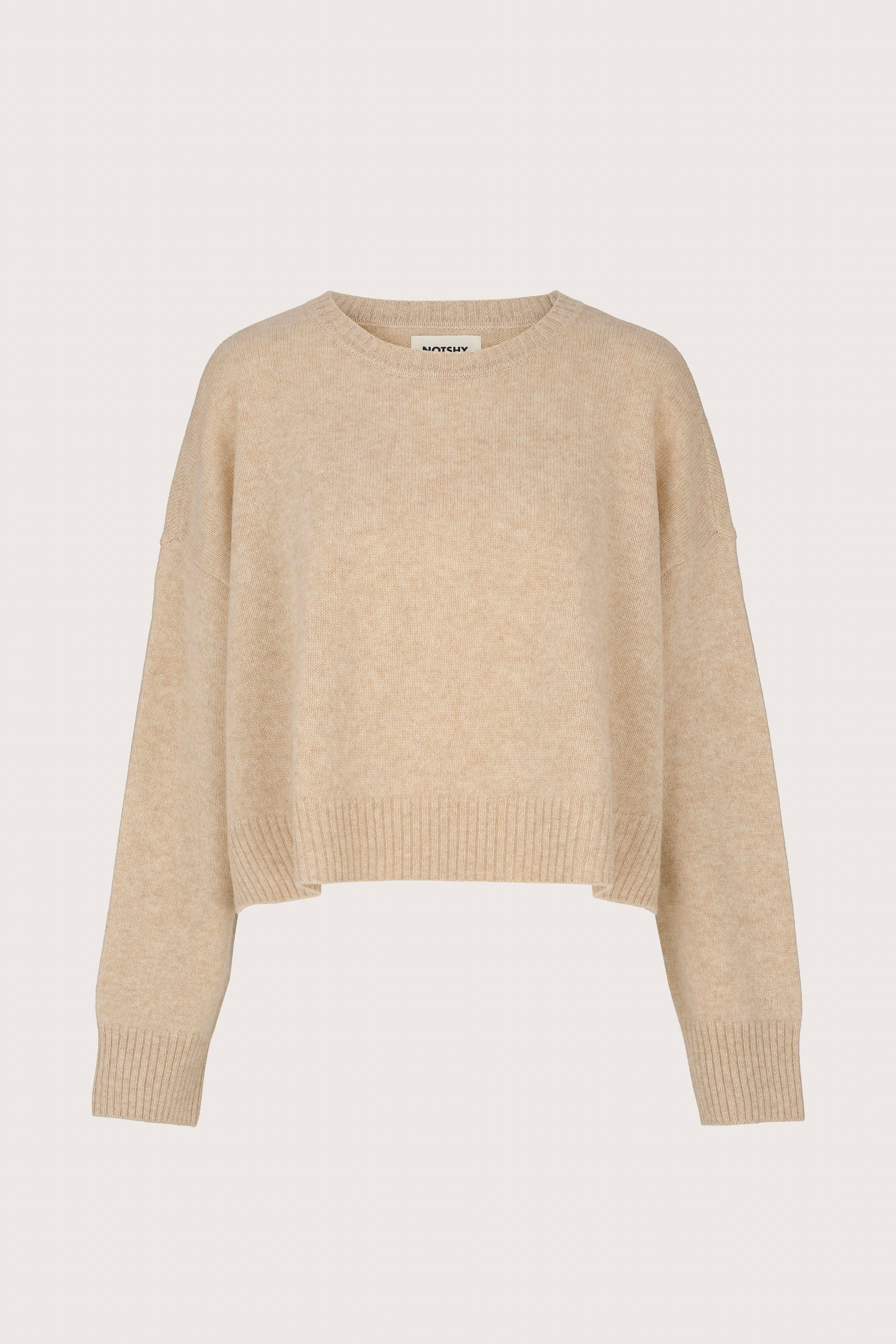 Biscuit coloured cashmere jumper with round neck and drop shoulder