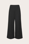 Black wide-leg cropped trousers with a high waist and front crease, shown flat on a light beige background.