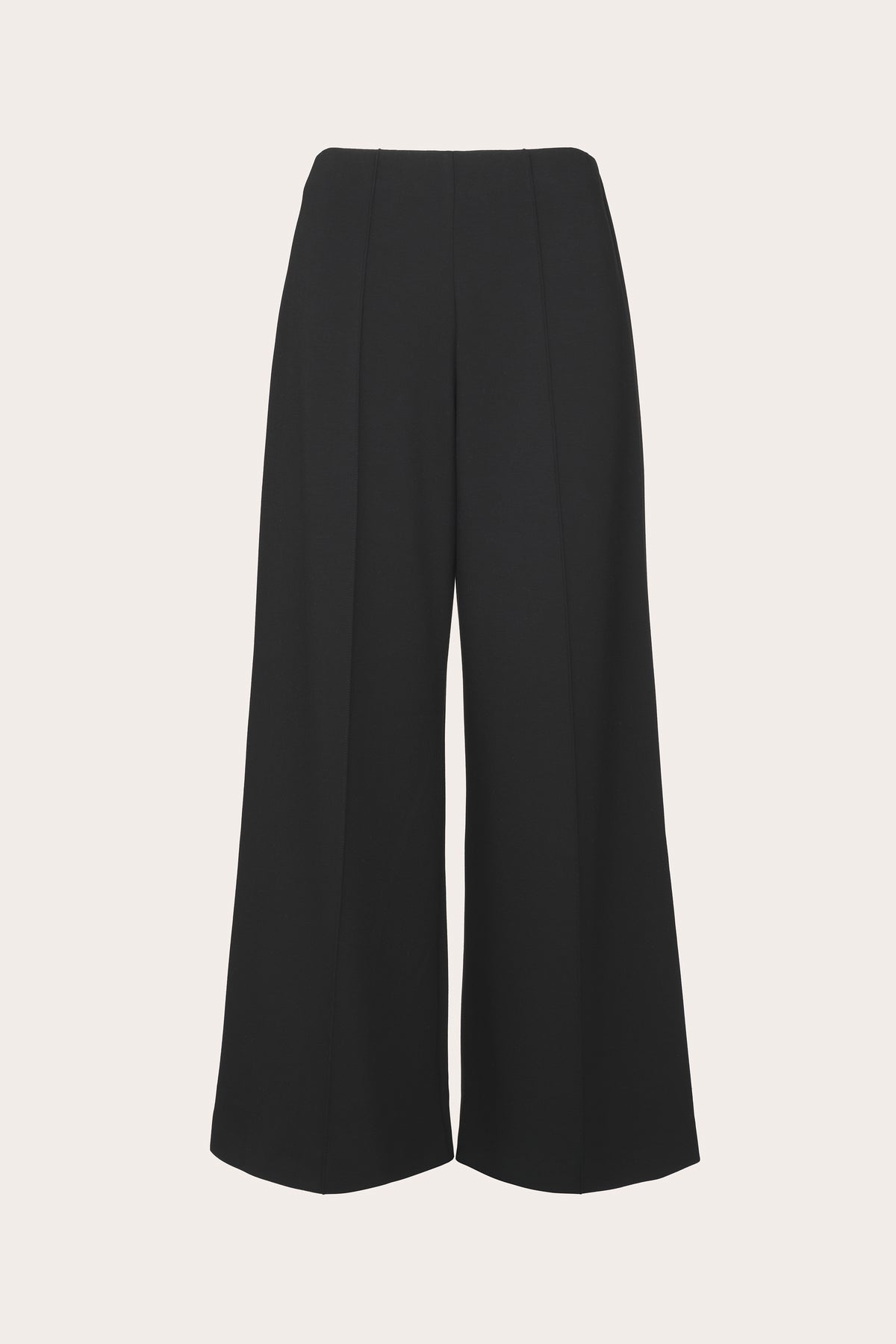 Black wide-leg cropped trousers with a high waist and front crease, shown flat on a light beige background.