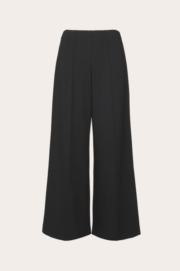 Black wide-leg cropped trousers with a high waist and front crease, shown flat on a light beige background.