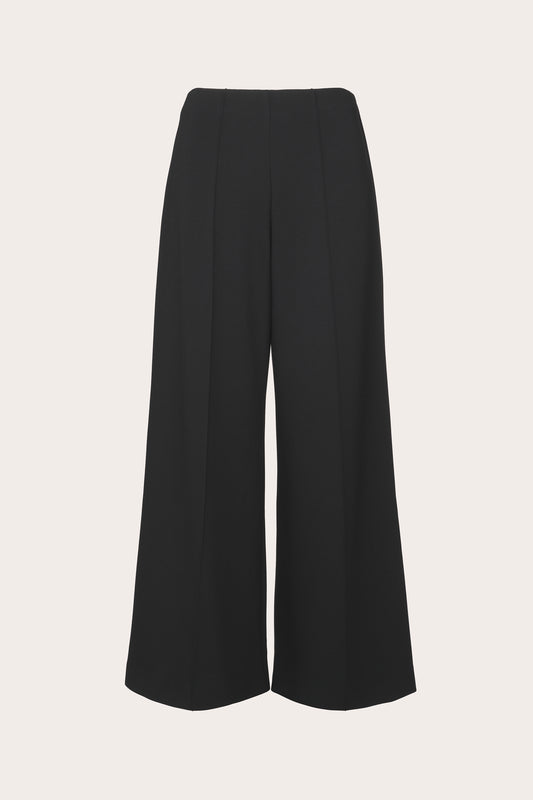 Black wide-leg cropped trousers with a high waist and front crease, shown flat on a light beige background.