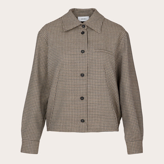 A cropped, long-sleeve button-up jacket featuring a fine brown and beige checkered pattern, displayed on a neutral light beige background.