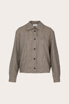 A cropped, long-sleeve button-up jacket featuring a fine brown and beige checkered pattern, displayed on a neutral light beige background.