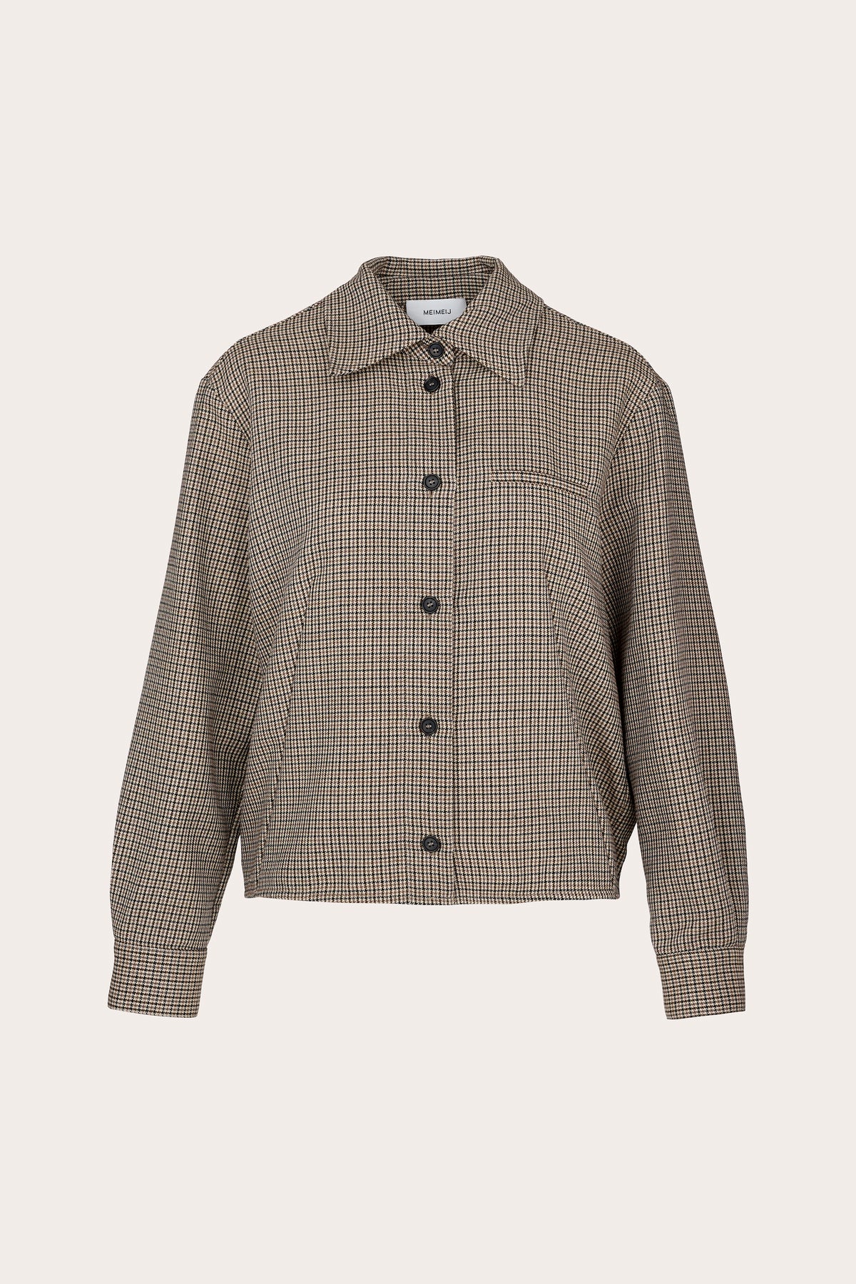 A cropped, long-sleeve button-up jacket featuring a fine brown and beige checkered pattern, displayed on a neutral light beige background.