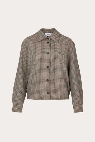 A cropped, long-sleeve button-up jacket featuring a fine brown and beige checkered pattern, displayed on a neutral light beige background.