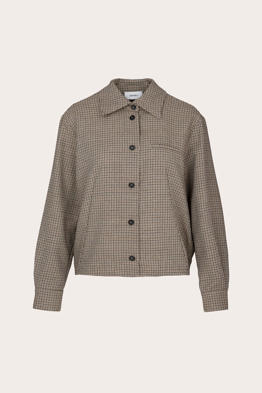 A cropped, long-sleeve button-up jacket featuring a fine brown and beige checkered pattern, displayed on a neutral light beige background.
