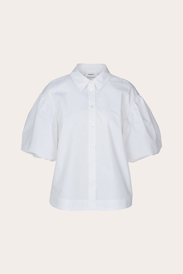 A white short-sleeve button-up shirt with voluminous puff sleeves, a pointed collar, and decorative buttons, shown against a solid light beige background.