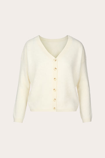 An off-white V-neck cardigan sweater with a button-up front, displayed on a clean, solid, light beige background.