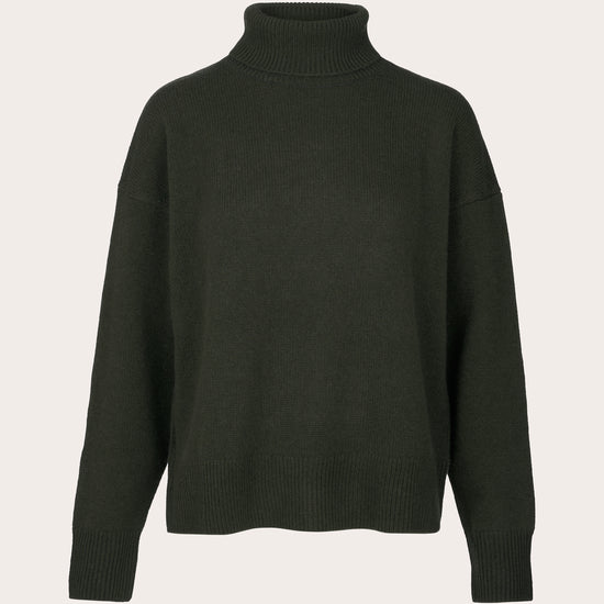 A dark olive green knit turtleneck sweater displayed on a clean, light off-white background.