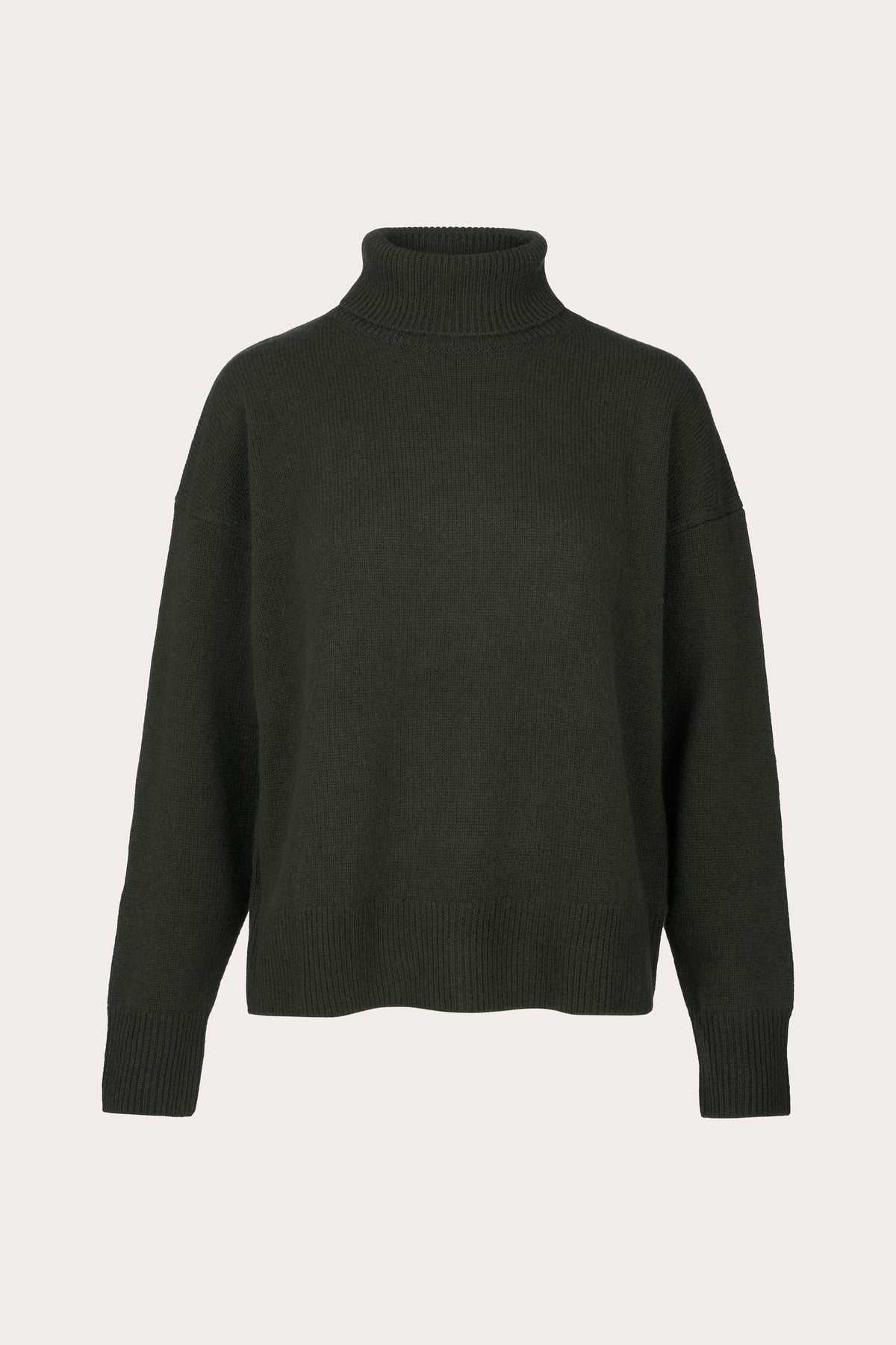 A dark olive green knit turtleneck sweater displayed on a clean, light off-white background.