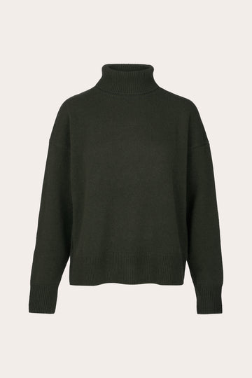 A dark olive green knit turtleneck sweater displayed on a clean, light off-white background.
