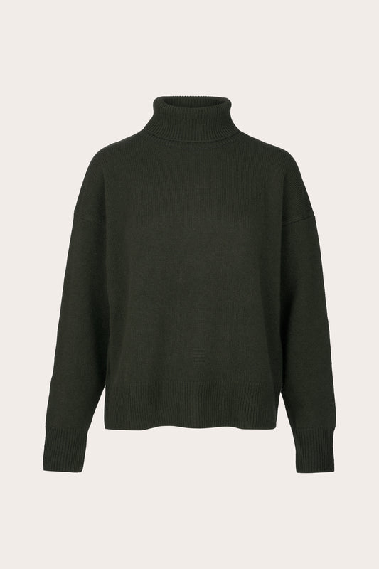 A dark olive green knit turtleneck sweater displayed on a clean, light off-white background.