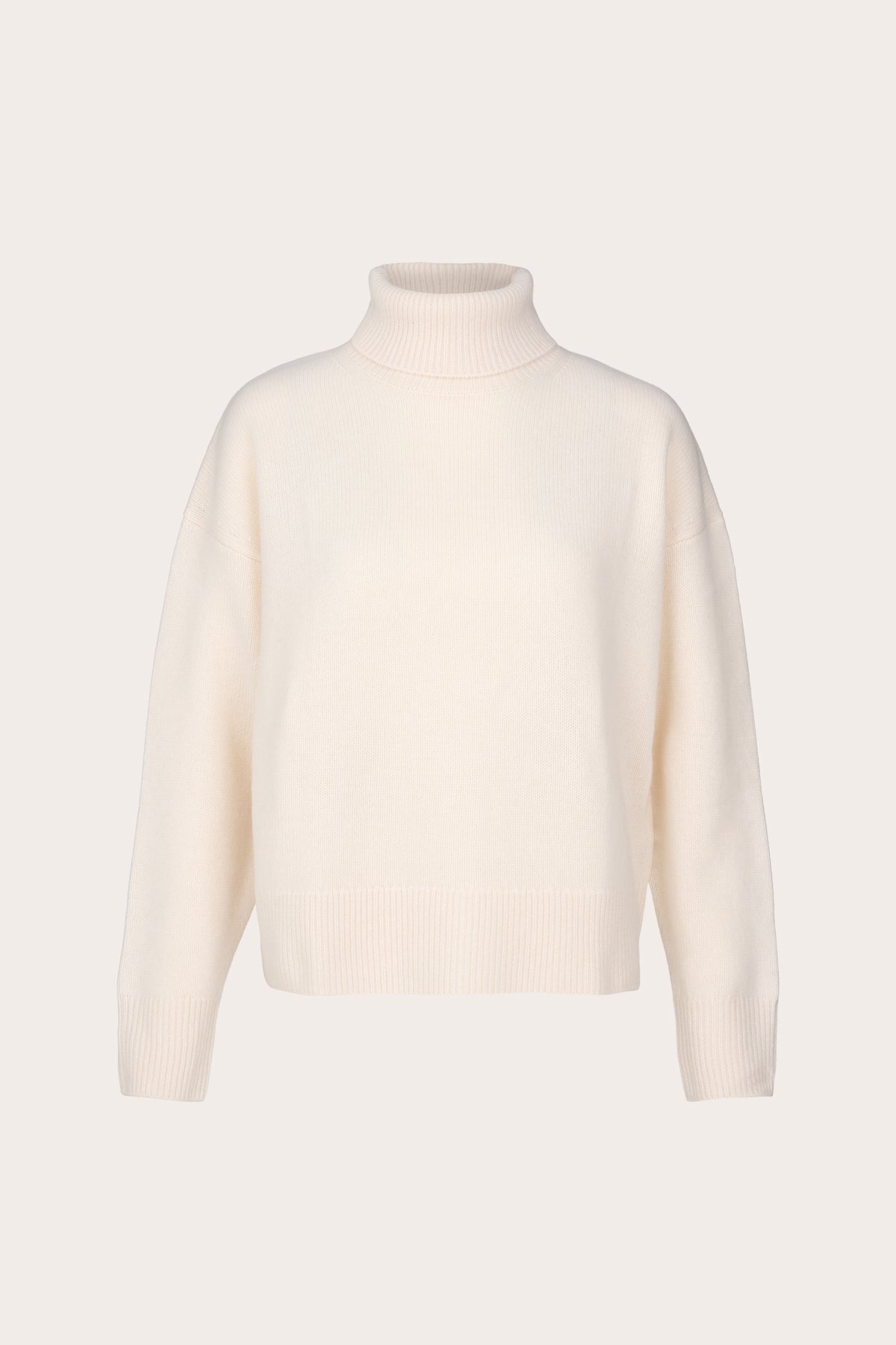A cream-colored knit turtleneck sweater displayed on a clean, solid, very light beige background.
