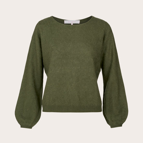 An olive green long-sleeve knit sweater with balloon sleeves, displayed on a clean, light beige background.