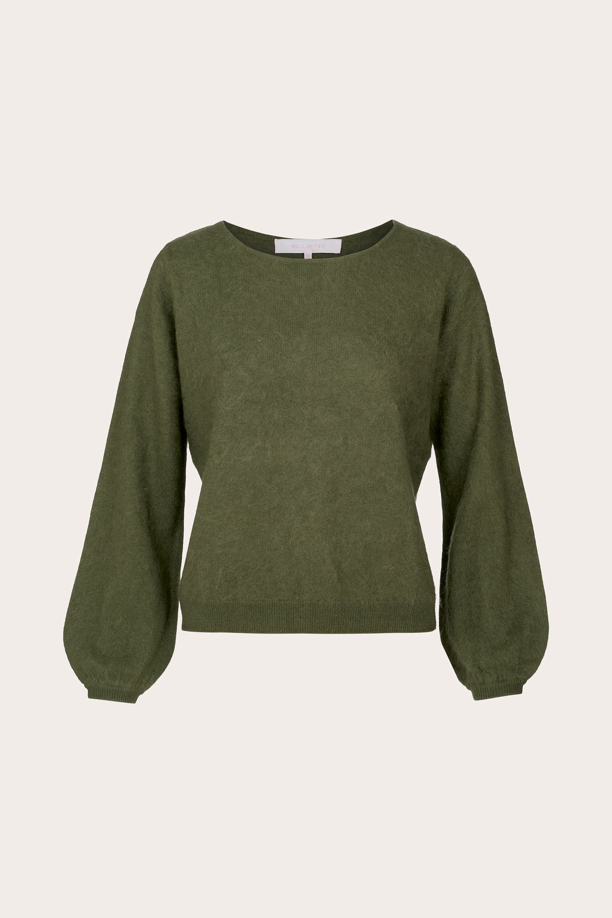 An olive green long-sleeve knit sweater with balloon sleeves, displayed on a clean, light beige background.