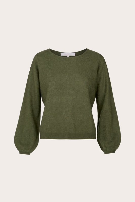 An olive green long-sleeve knit sweater with balloon sleeves, displayed on a clean, light beige background.