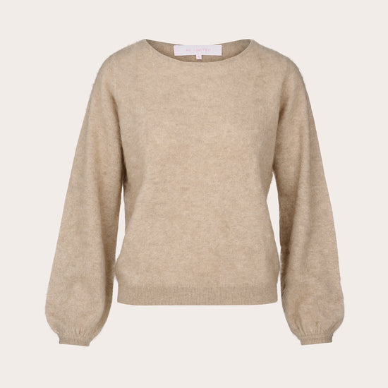 A light beige crewneck sweater with long balloon sleeves, shown against a solid off-white background.