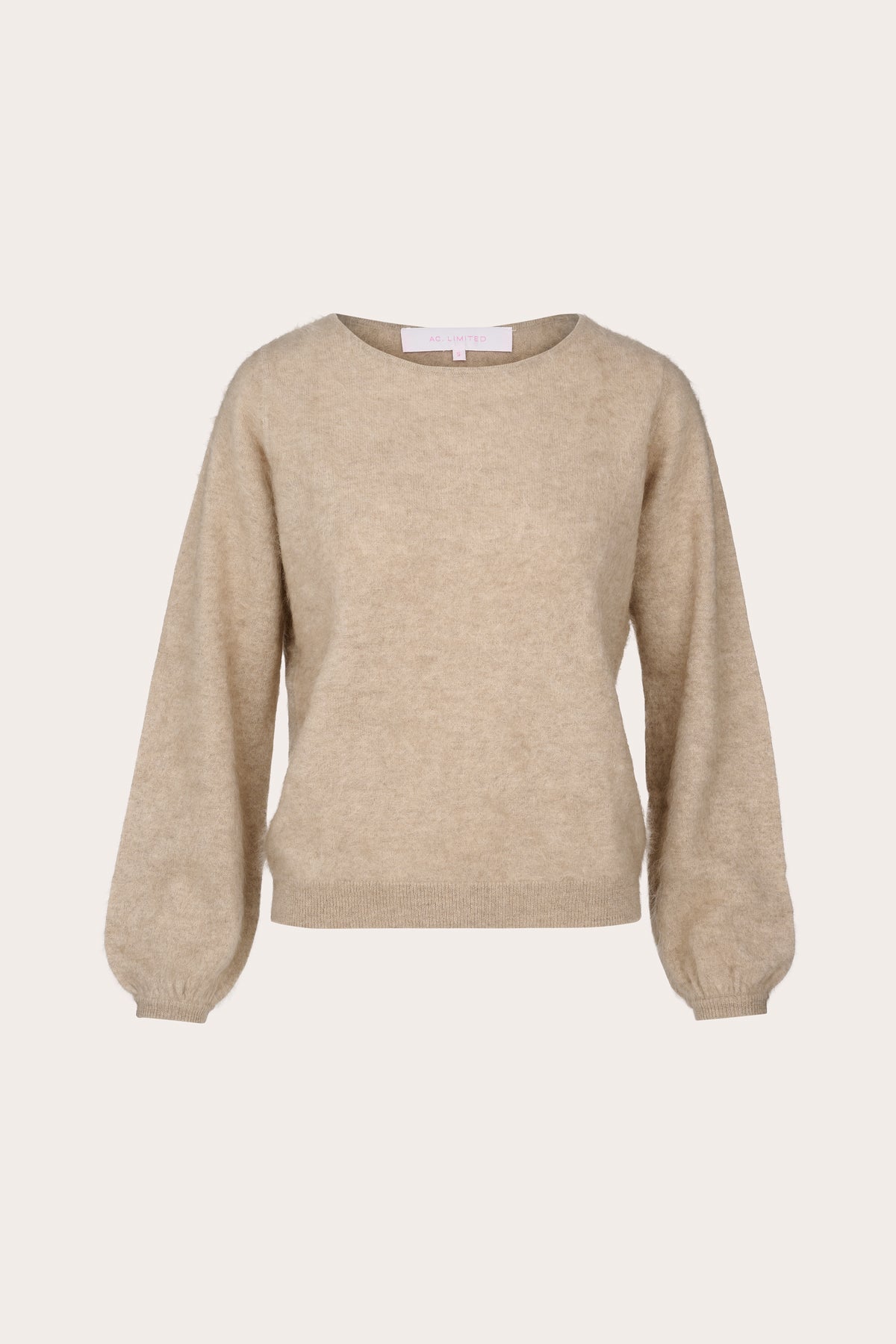 A light beige crewneck sweater with long balloon sleeves, shown against a solid off-white background.