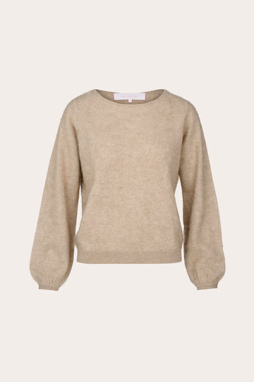 A light beige crewneck sweater with long balloon sleeves, shown against a solid off-white background.