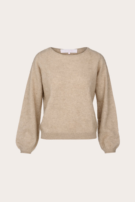 A light beige crewneck sweater with long balloon sleeves, shown against a solid off-white background.