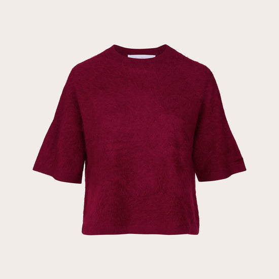 A short-sleeve crewneck knit top in deep burgundy, displayed flat against a light beige background.