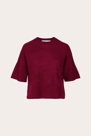 A short-sleeve crewneck knit top in deep burgundy, displayed flat against a light beige background.