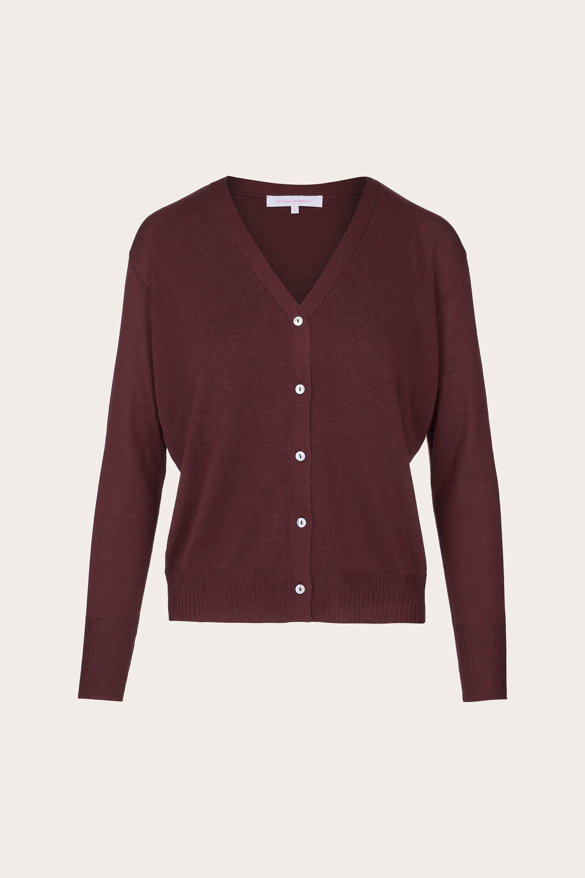 A burgundy knit cardigan sweater with a V-neck, long sleeves, and a button-up front, displayed on a neutral light beige background.
