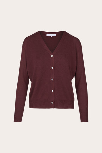 A burgundy knit cardigan sweater with a V-neck, long sleeves, and a button-up front, displayed on a neutral light beige background.