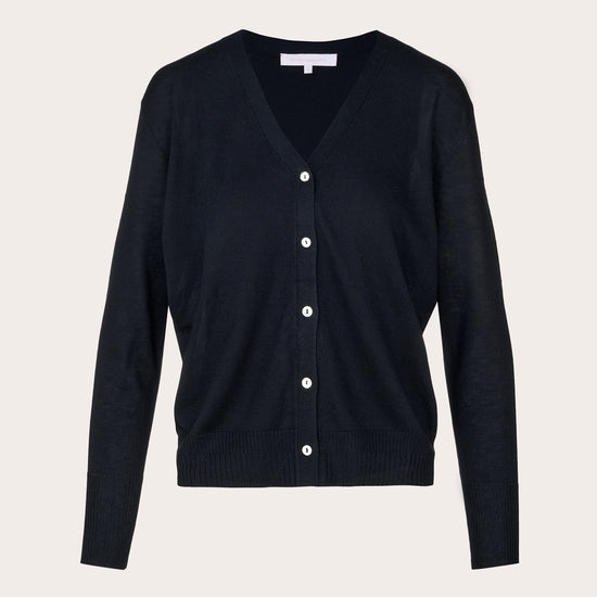 A black long-sleeve V-neck cardigan sweater with a button-up front, displayed on a neutral light beige background.