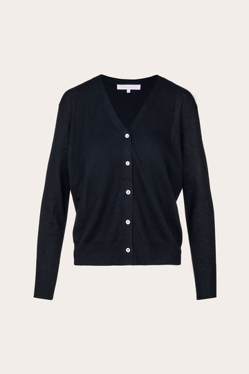 A black long-sleeve V-neck cardigan sweater with a button-up front, displayed on a neutral light beige background.