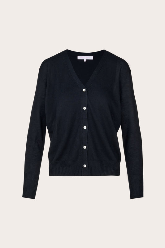 A black long-sleeve V-neck cardigan sweater with a button-up front, displayed on a neutral light beige background.