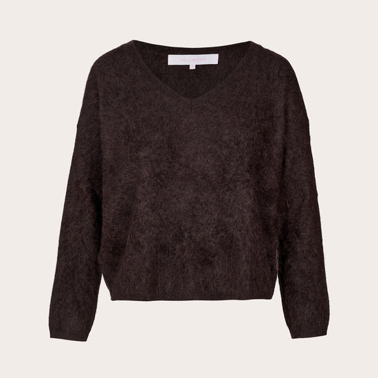 Dark chocolate brushed cashmere v neck long sleeve knit
