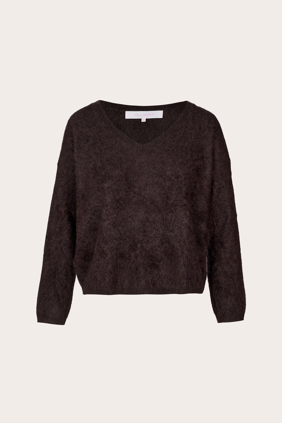 Dark chocolate brushed cashmere v neck long sleeve knit