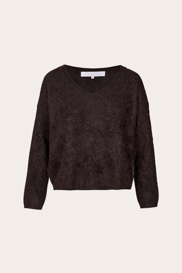 Dark chocolate brushed cashmere v neck long sleeve knit