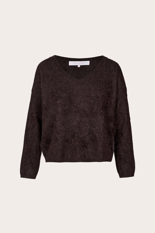 Dark chocolate brushed cashmere v neck long sleeve knit