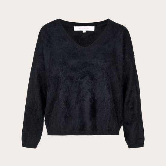 A black fuzzy long-sleeve V-neck sweater displayed flat against a light beige background.