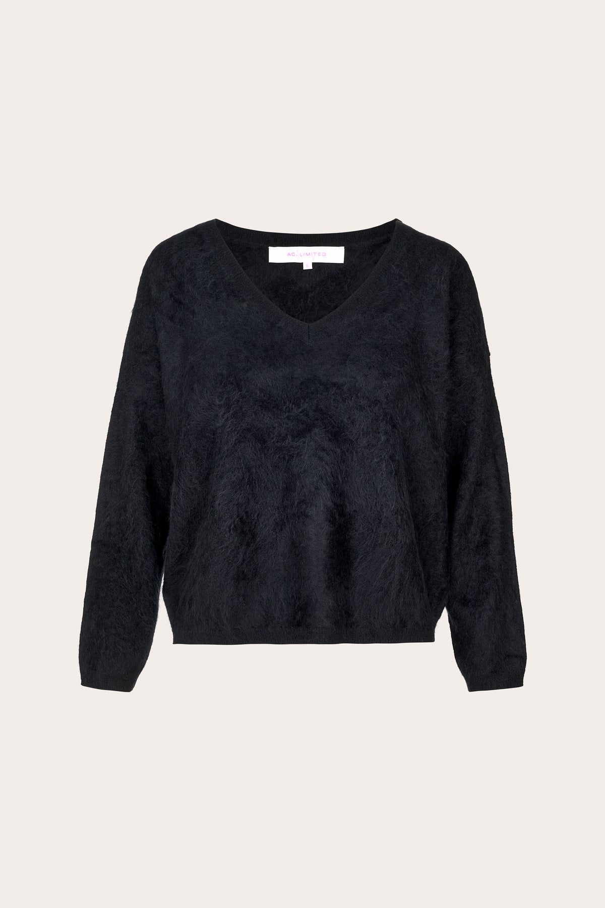 A black fuzzy long-sleeve V-neck sweater displayed flat against a light beige background.