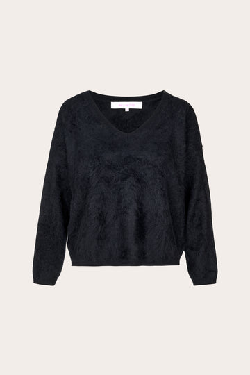 A black fuzzy long-sleeve V-neck sweater displayed flat against a light beige background.