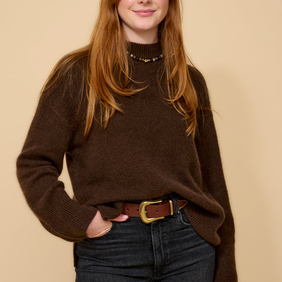 chocolate brown round neck relaxed fit cashmere mix jumper with rib detailing model shot