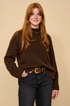 chocolate brown round neck relaxed fit cashmere mix jumper with rib detailing model shot