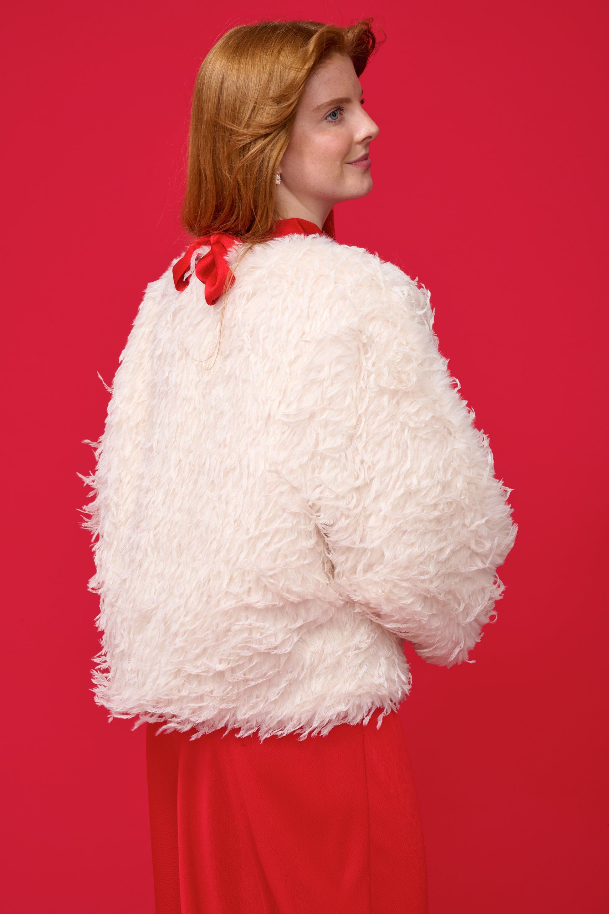 white faux fur feather effect short jacket