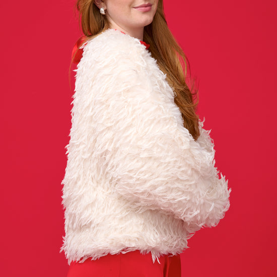 white faux fur feather effect short jacket
