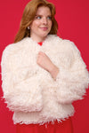 white faux fur feather effect short jacket