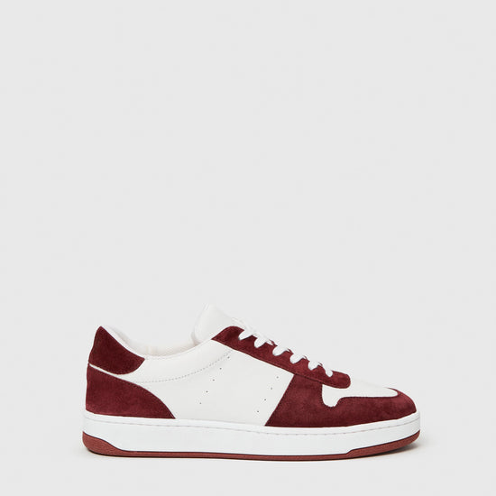 white trainers with burgundy suede 