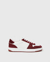 white trainers with burgundy suede 