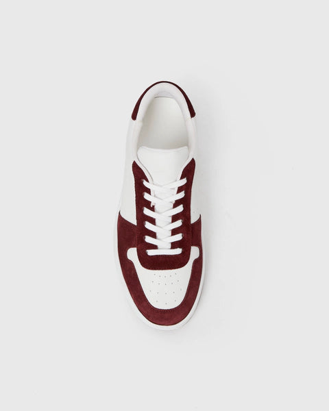 white trainers with burgundy suede birds eye view